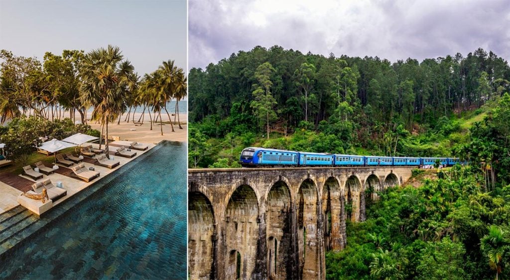 Blått tåg som åker över en bro i regnkogen och pool intill palmer.