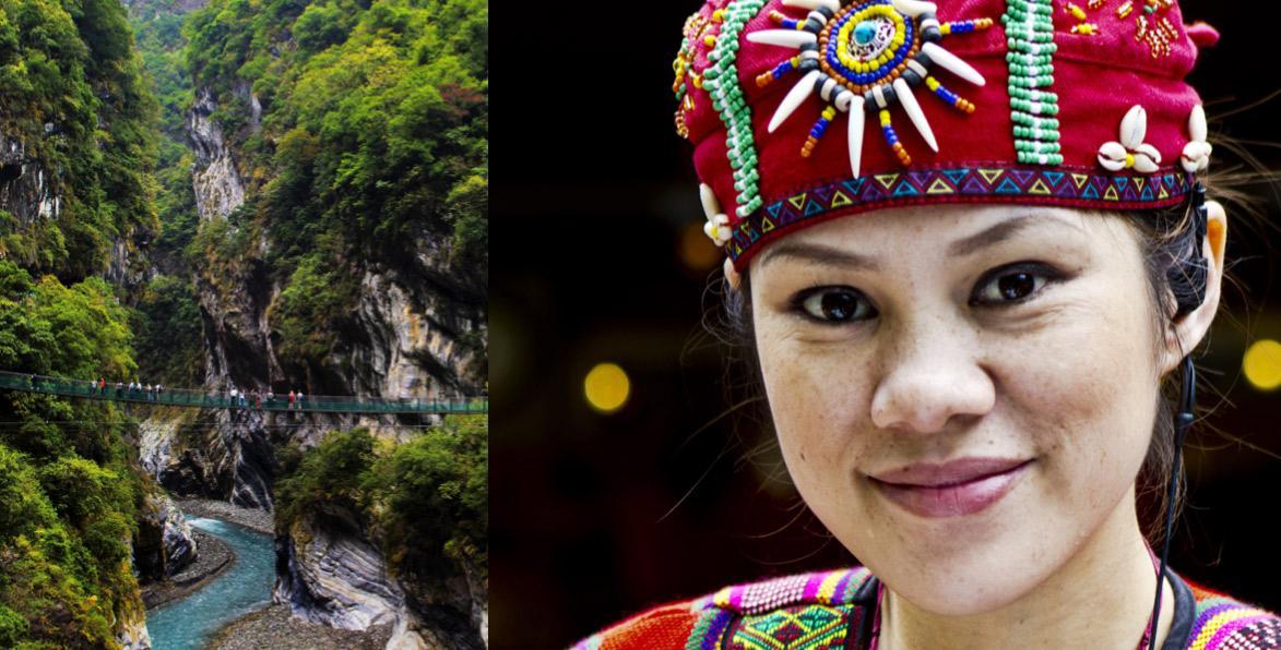 Till vänster: Svindelframkallande hängbro över Liwufloden i nationalparken Taroko. Till höger: En kvinna från den taiwanesiska folkgruppen truku i traditionell dräkt. Foto: Claes Grundsten.