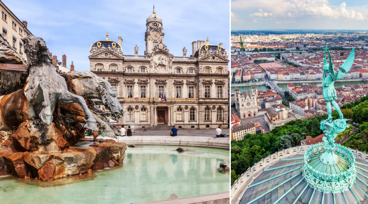 Terreaux-torget och vy från toppen av Notre Dame de Fourviere. Foto: Istock.