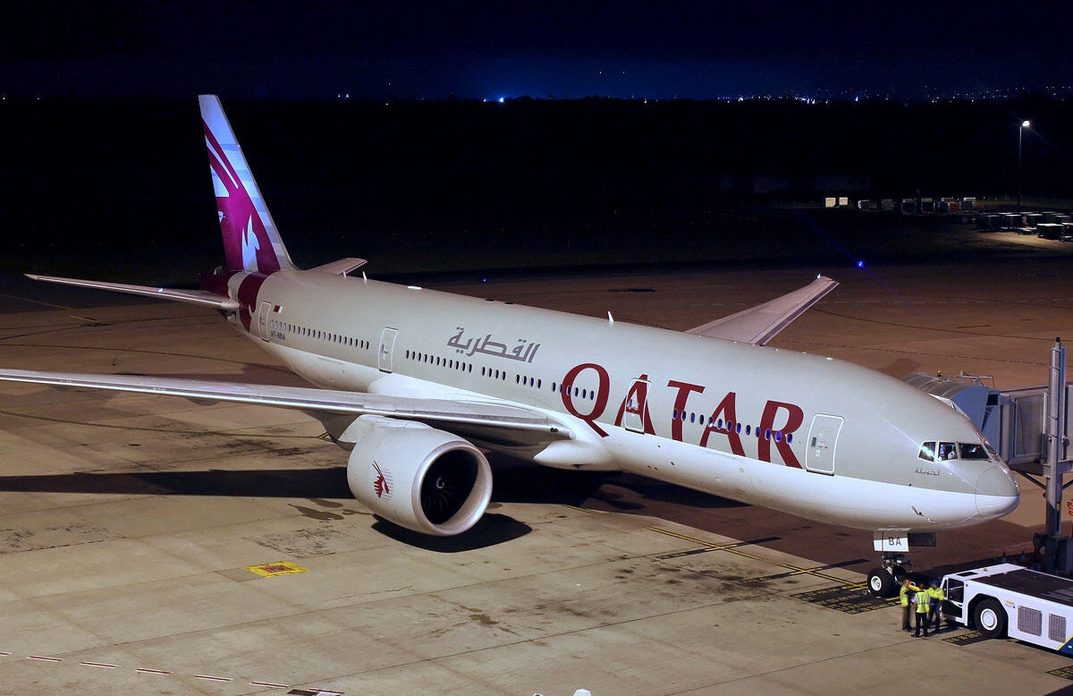 Ett Qatar Airways-plan av modellen Boeing 777-200LR. Foto: Darren Koch via Wikimedia/GFDL.