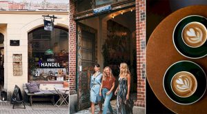 Tre tjejer i stadsmiljö och två koppar kaffe på bord.