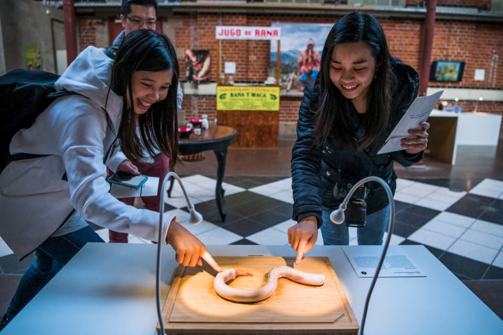 Två glada kvinnor petar på en lång, slingrig, slemmig sak som ligger på ett bord, upplyst av lampor.