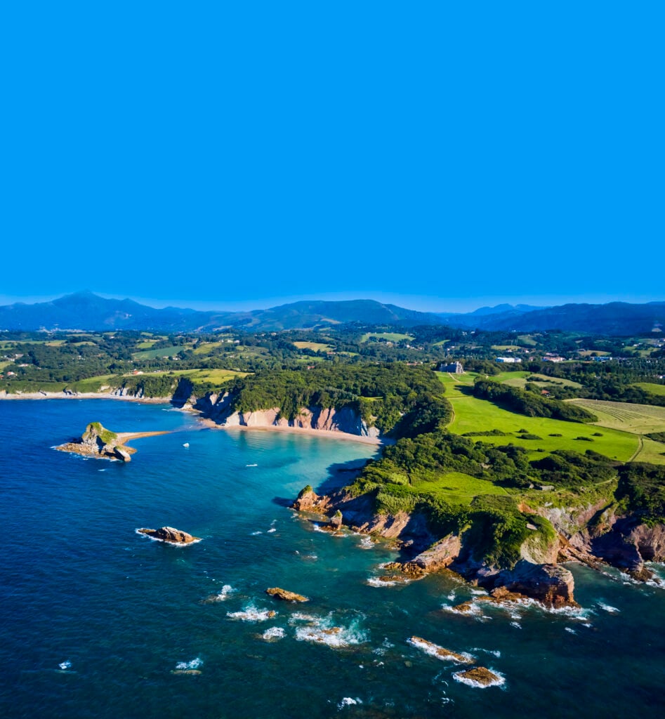 En flygvy över ett blått hav som möter en klippig och lummig kuststräcka.