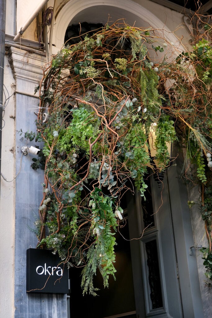 Gröna växter hänger över en entré.