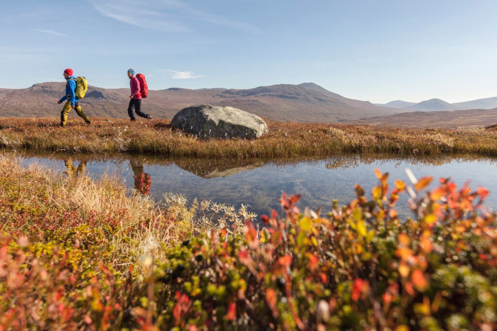 Två personer vandrar på kalfjället med ryggsäckar.