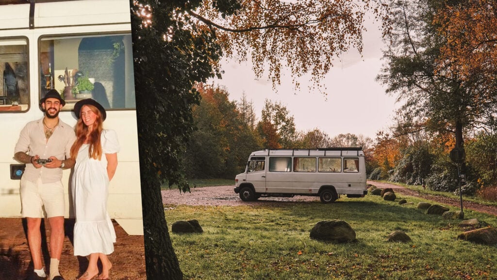 Två personer i vitt kisar mot solen, inklippta bredvid en bild på en vit buss i grönskan.