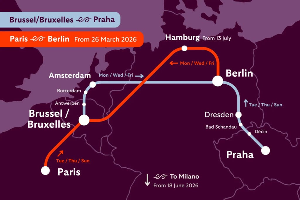 En lila karta med tågsträckningar genom Europa.