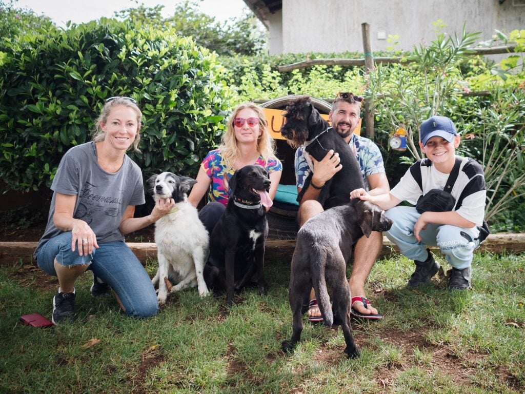 Människor och hundar i trädgård.