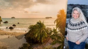 En drönarbild ovanför en strand i gyllene solnedgång, palmer. Bredvid en inklippt kvinna i stickad tröja med blont hår som ler mot kameran.