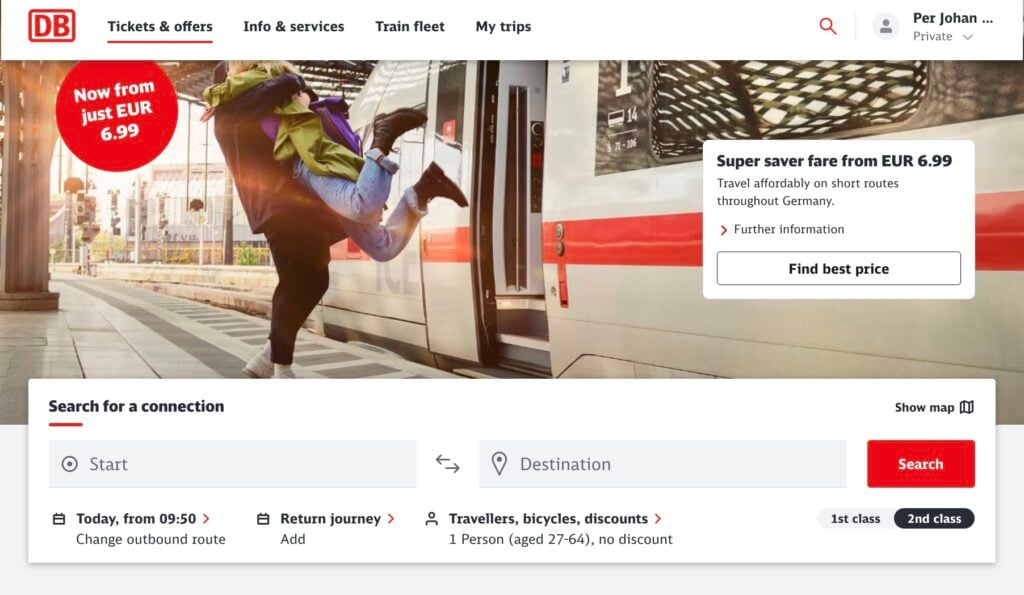 Deustche Bahns bokningssida