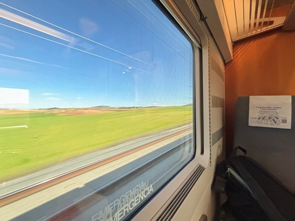 Utsikt över grön äng från tågfönster