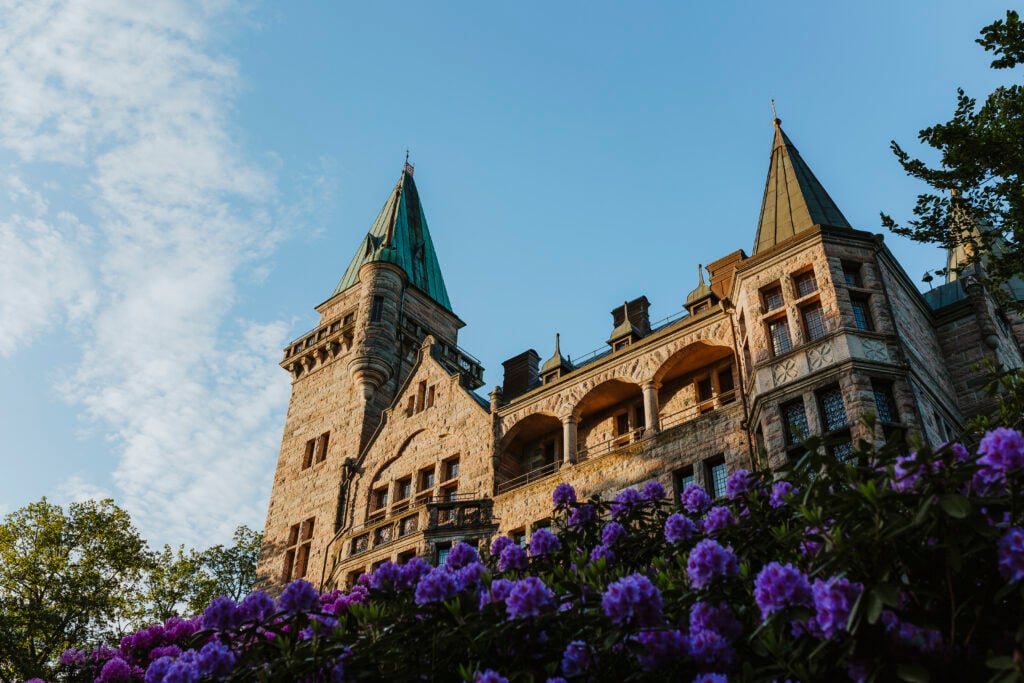 Ett slott med tinnar och torn reser sig över lila blommande buskar. 
