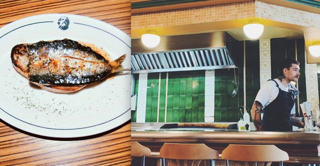 En stekt fisk på en tallrik och en man i en bar.