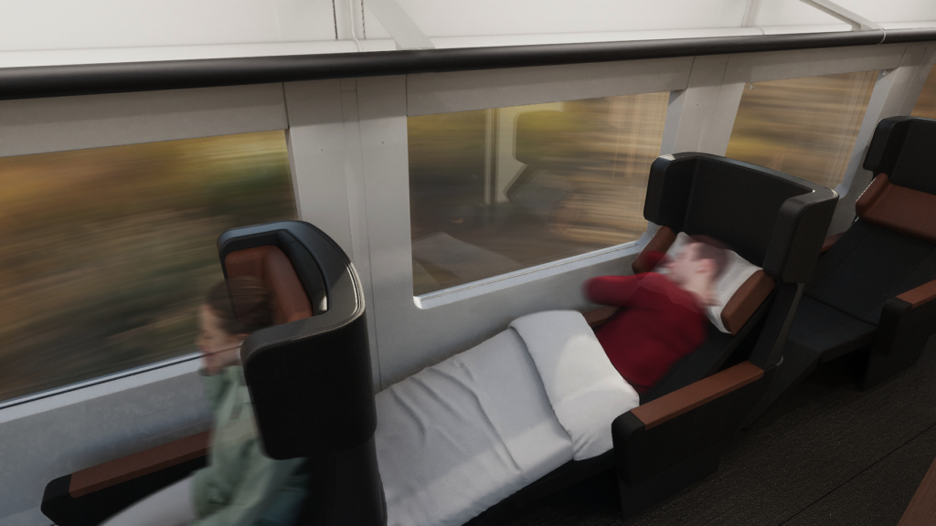 Liggfåtölj på tåg.