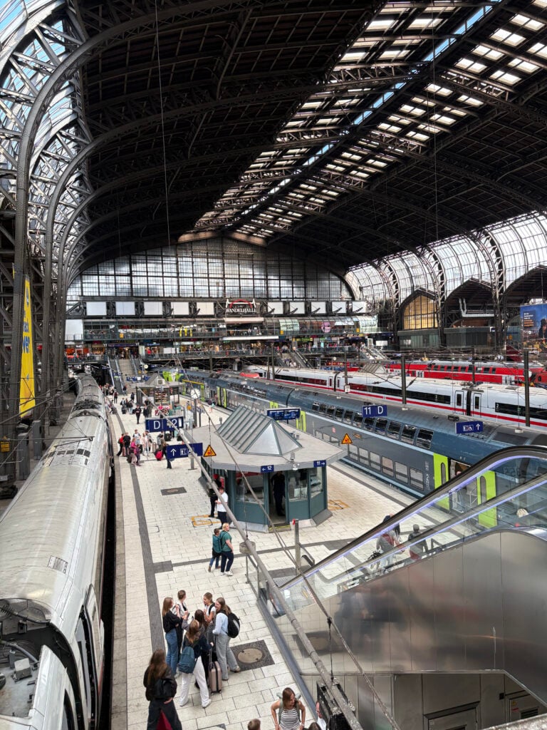 En tågstation ovanifrån. Människor, tåg passerar. 