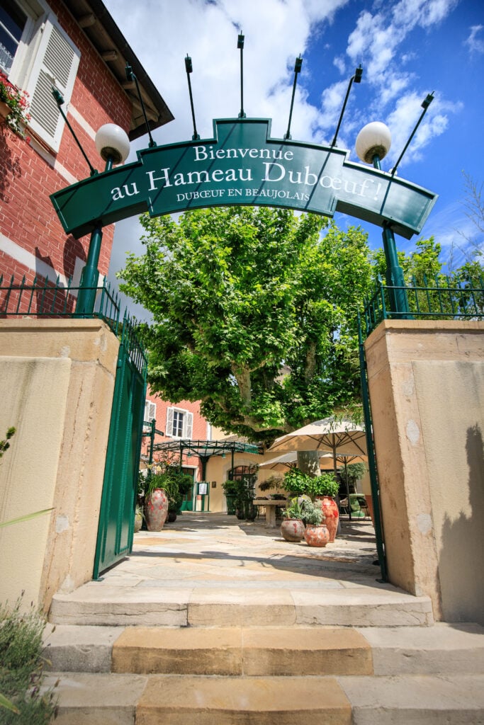 En grön välvd skylt välkomnar in på en stenlagd gård med ett stort grönt träd. 