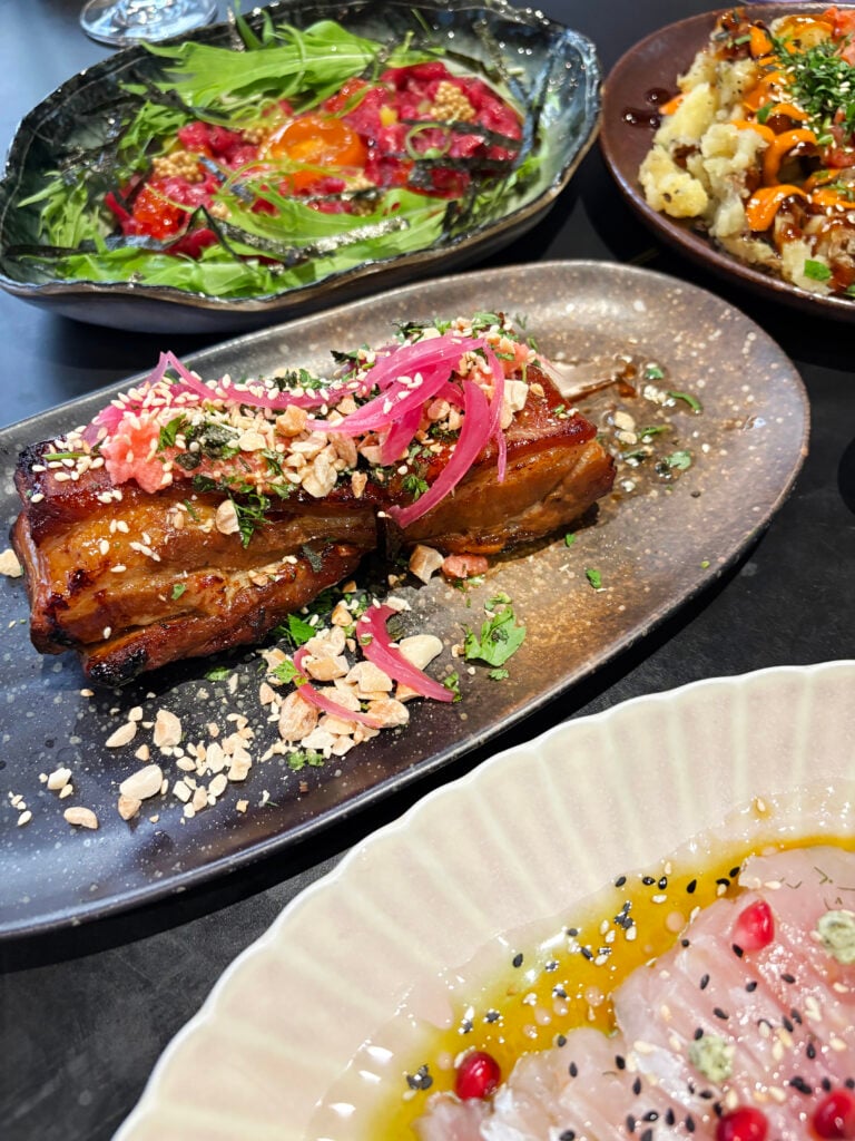 En avlång tallrik med exklusiv oklar mat, med picklad rödlök ovanpå. 