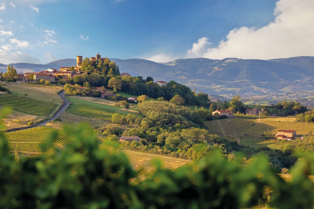 En vacker vy över böljande gröna fält och kullar i solnedgång, en liten stad syns, en liten bergskedja i bakgrunden.