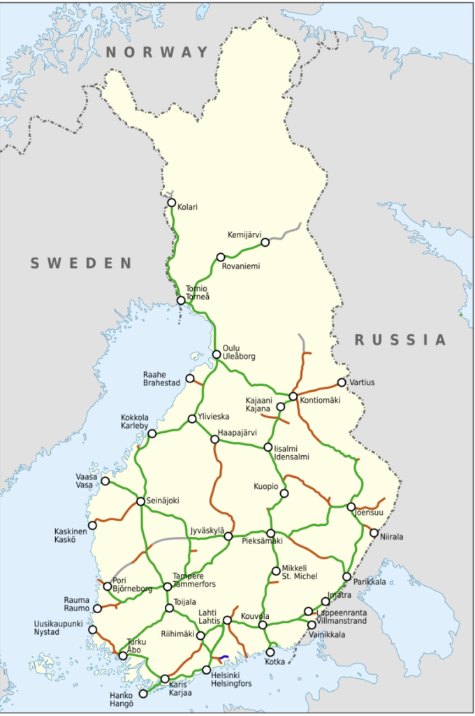 Karta över Finlands järnvägsnät