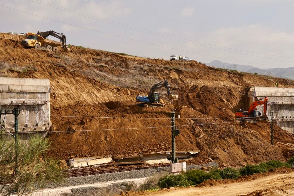 MALAGA ANDALUSIA, SPAIN - FEBRUARY 26: Images of the work being carried out on the high-speed rail link between Malaga and Madrid, following the collapse of a five-metre retaining wall in the Malaga municipality of Alora. On 26 February 2026, in Malaga (Andalusia, Spain). This incident, which took place at the beginning of February and caused the collapse of earth on the track, keeps the direct AVE connection between the Costa del Sol and the Spanish capital interrupted. (Photo By Alex Zea/Europa Press via Getty Images)