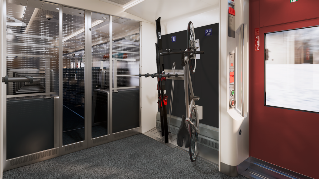 Cykelställ ombord på tåg.