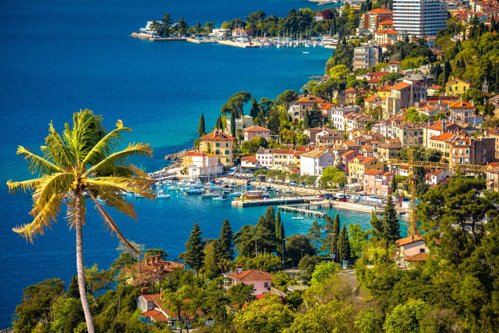 Town of Volosko on Opatija Riviera colofrul view, Kvarner bay of Croatia