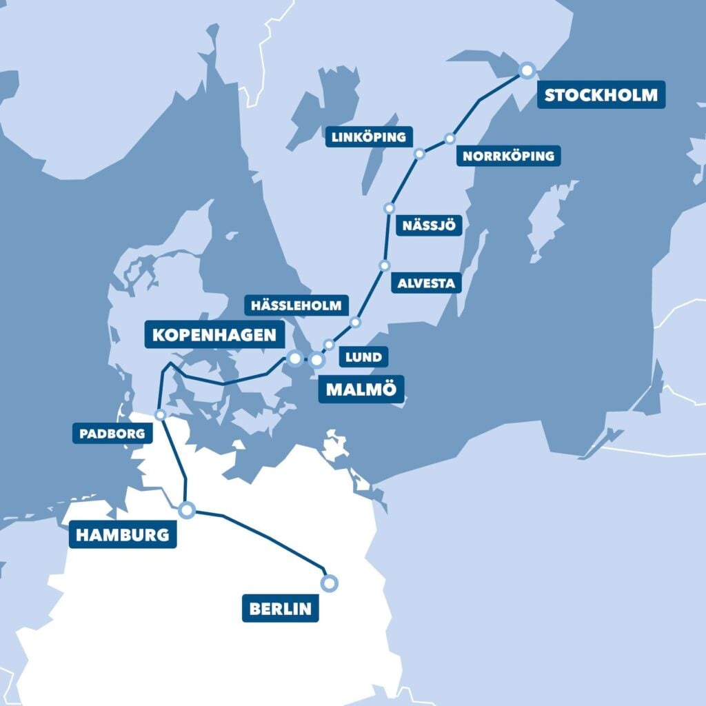 Karta över färdvägen för tåget Stockholm-Berlin 
