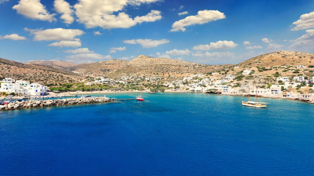 Alopronia is the port of Sikinos island with the beach Livadi, Greece