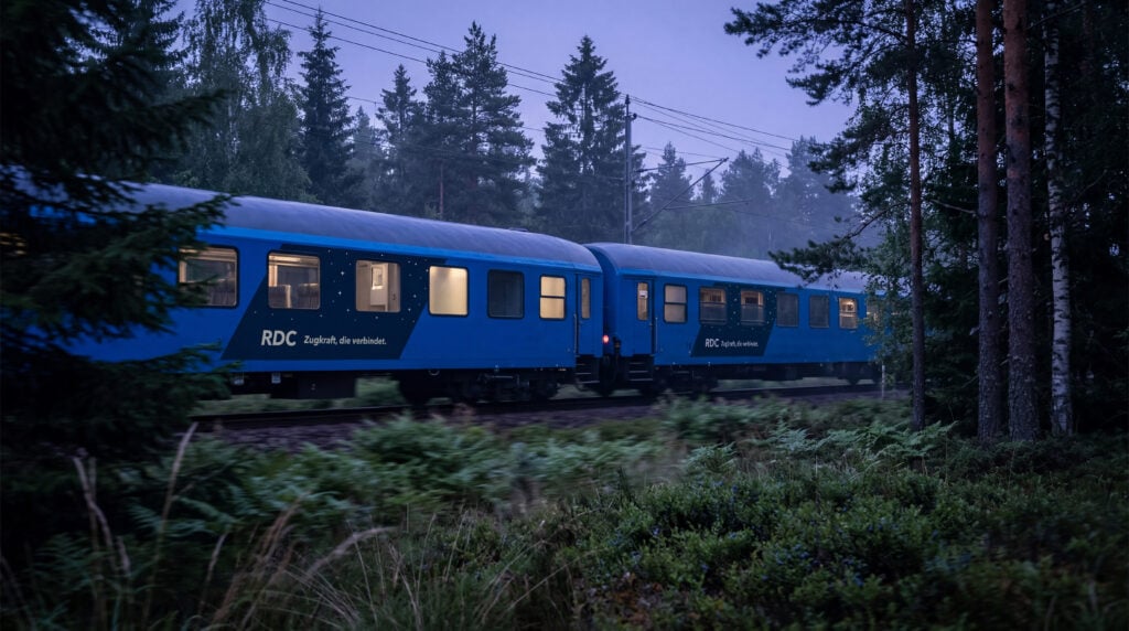 Ett blått tåg susar fram genom en mörk nattskog.