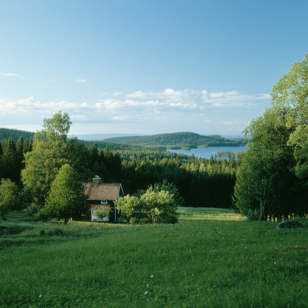 Ett litet hus i ett böljande grönt landskap, små berg och hav bakom. 