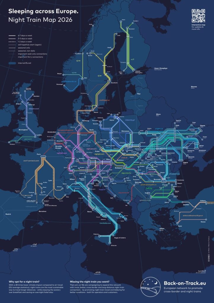 Karta över Europas 205 nattågsförbindelser.