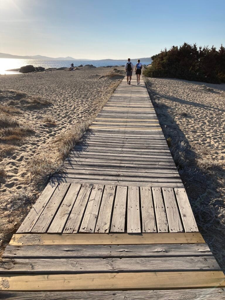 träbrygga för gående på sandstrand.