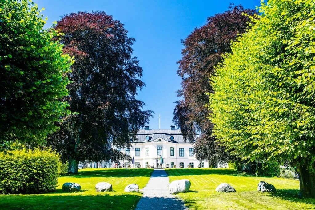 Vitt slott omgivet av stora burriga träd.