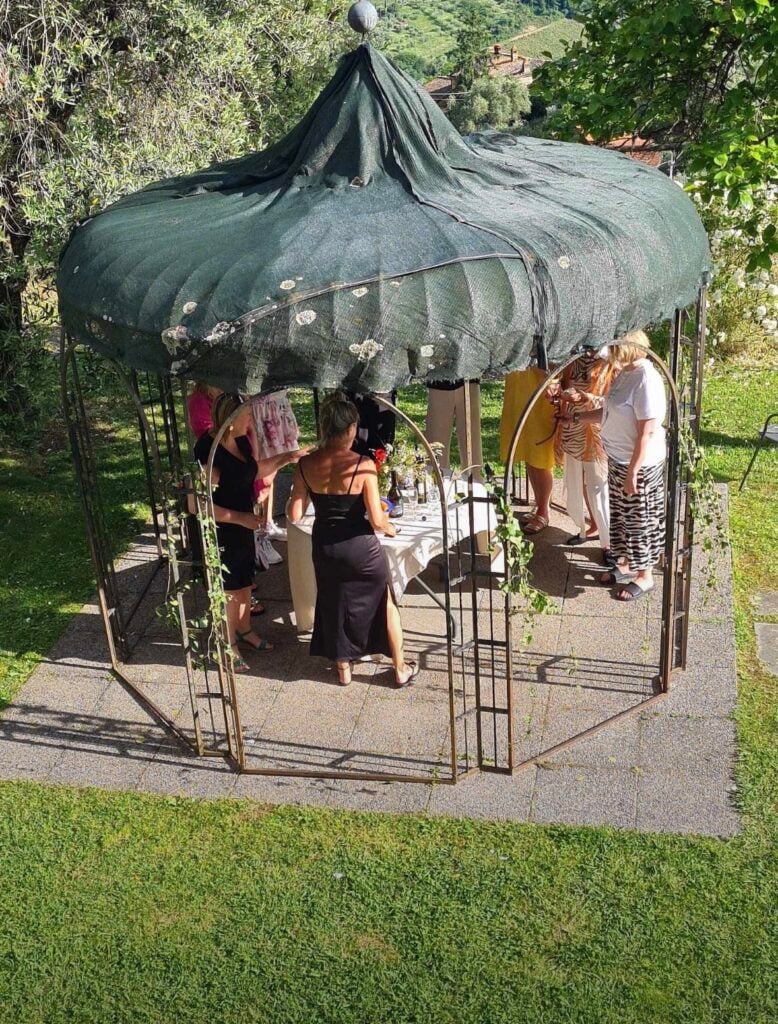 Ett gäng människor står under en pergola med gräs och grönska runtomkring.