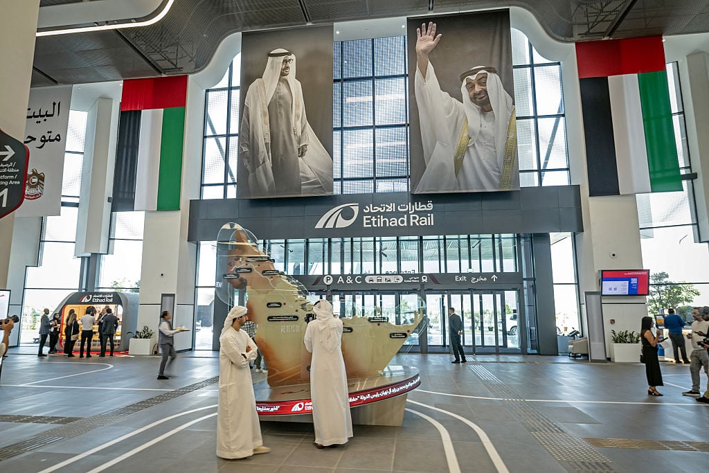 People gather inside a new Etihad Rail station in Dubai on September 29, 2026.